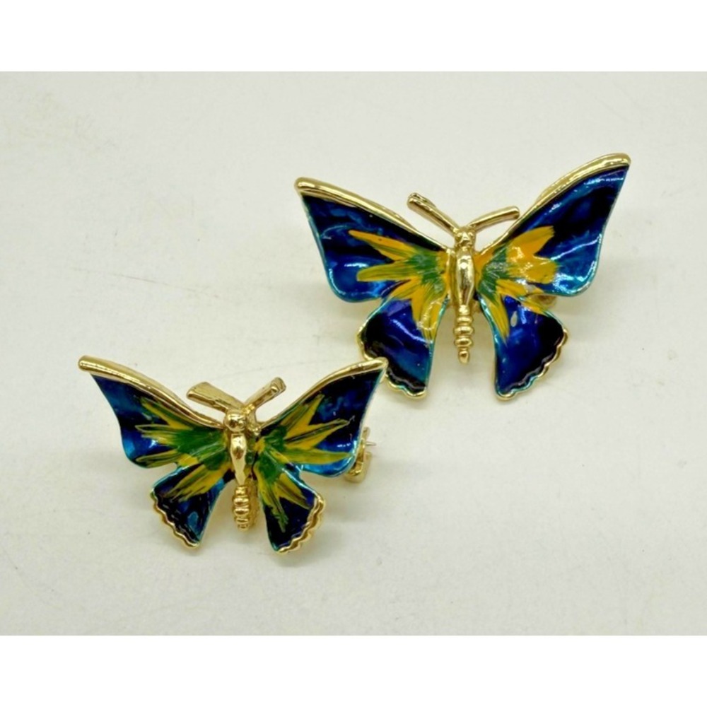 Gold Tone Blue Enamel Butterfly Brooch Pins Lot Of 2 Boho Garden Insect Fairy